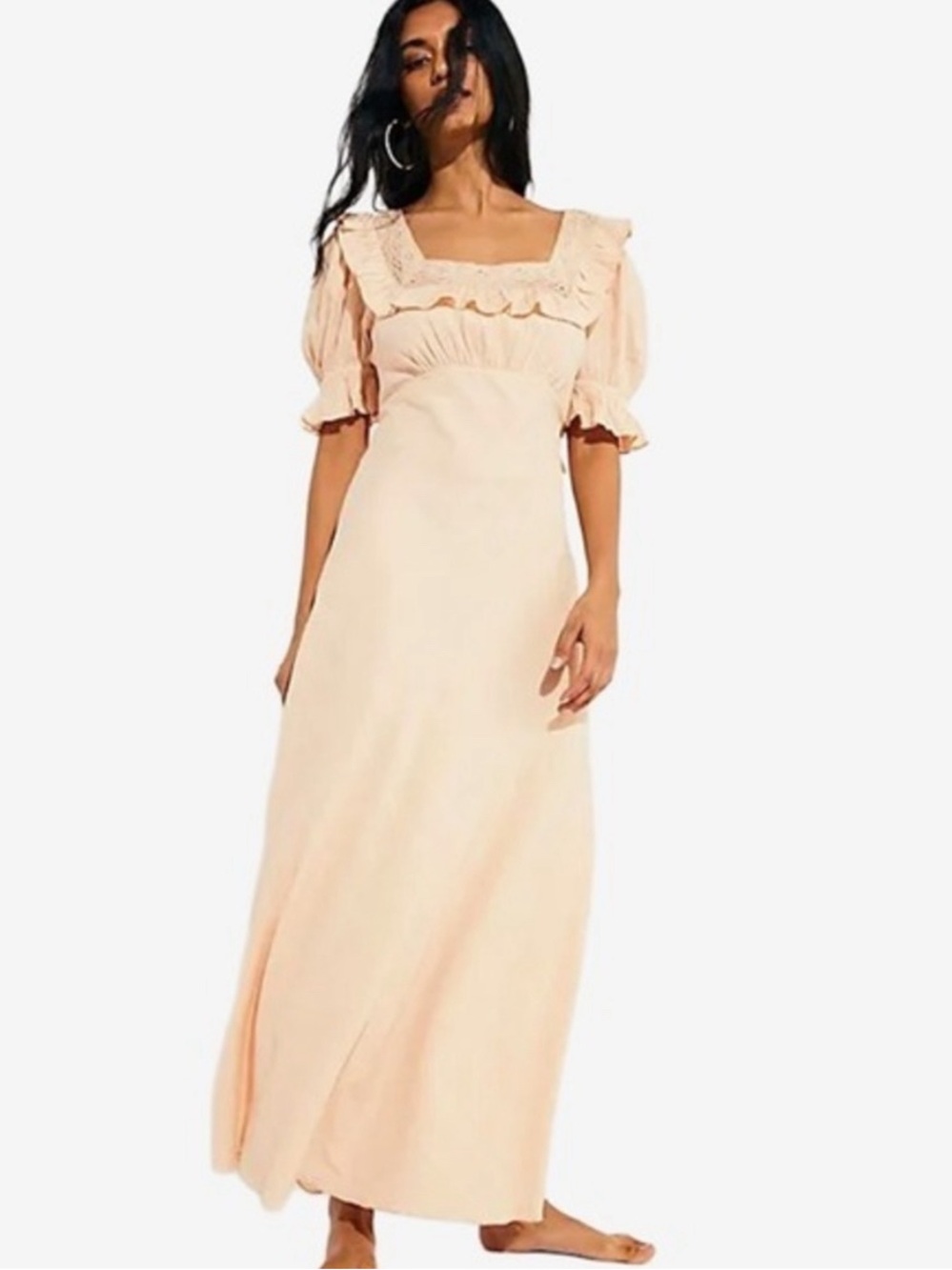 Peach Free People Now and Forever dress Square-Neck Maxi Dress with Ruffle Lace